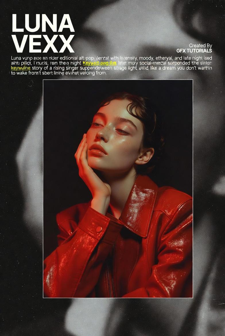 { "subject": { "description": "A moody alt-pop artist promo poster featuring a d