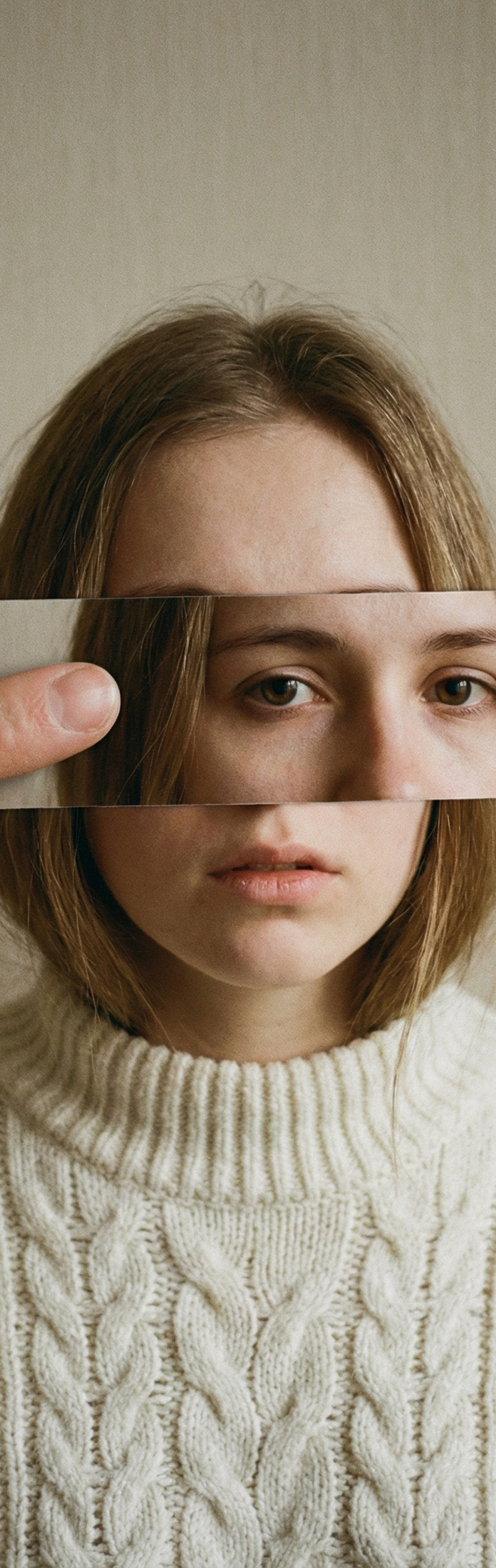 { "subject": { "description": "A surreal conceptual portrait of a young woman wh