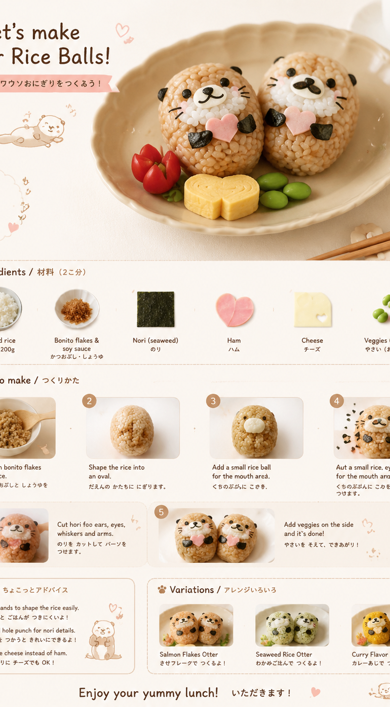Create a realistic children’s food-art recipe infographic in a minimalist Japane