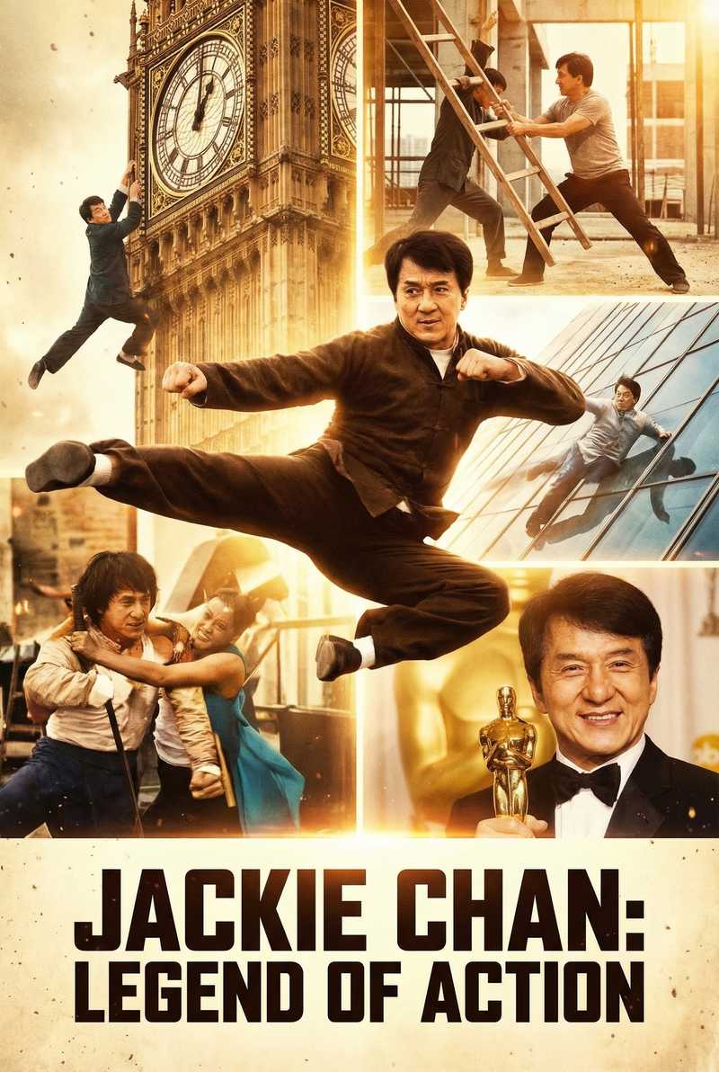 Create an epic poster showcasing the most iconic moments of [Jackie Chan] career