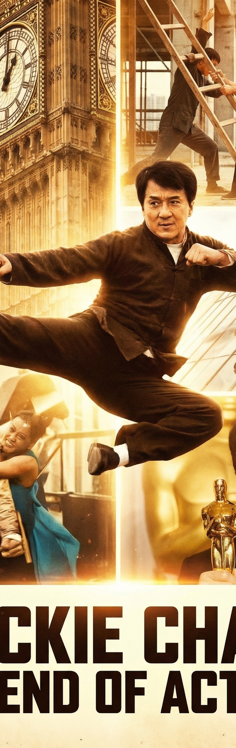 Create an epic poster showcasing the most iconic moments of [Jackie Chan] career