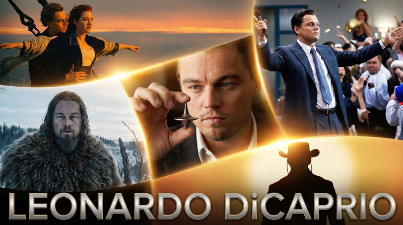 Create an epic poster showcasing the most iconic moments of [Leonardo Wilhelm Di