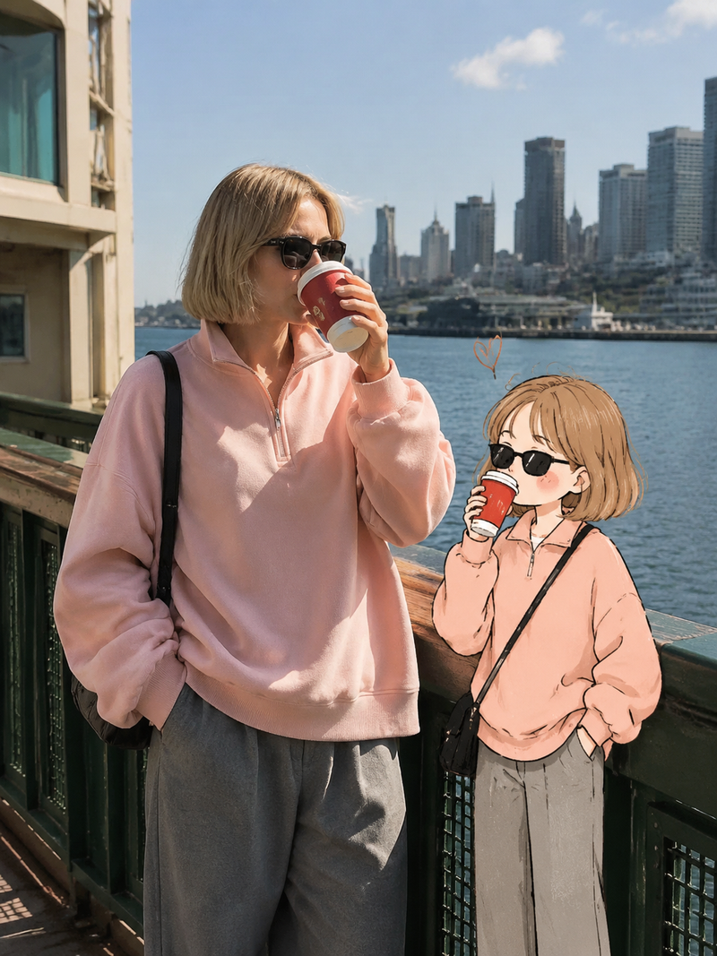 soft candid street photography of a stylish woman standing by a riverside ferry 
