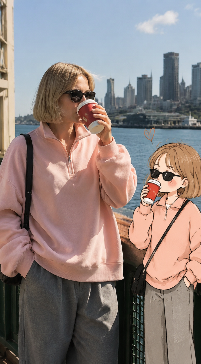 soft candid street photography of a stylish woman standing by a riverside ferry