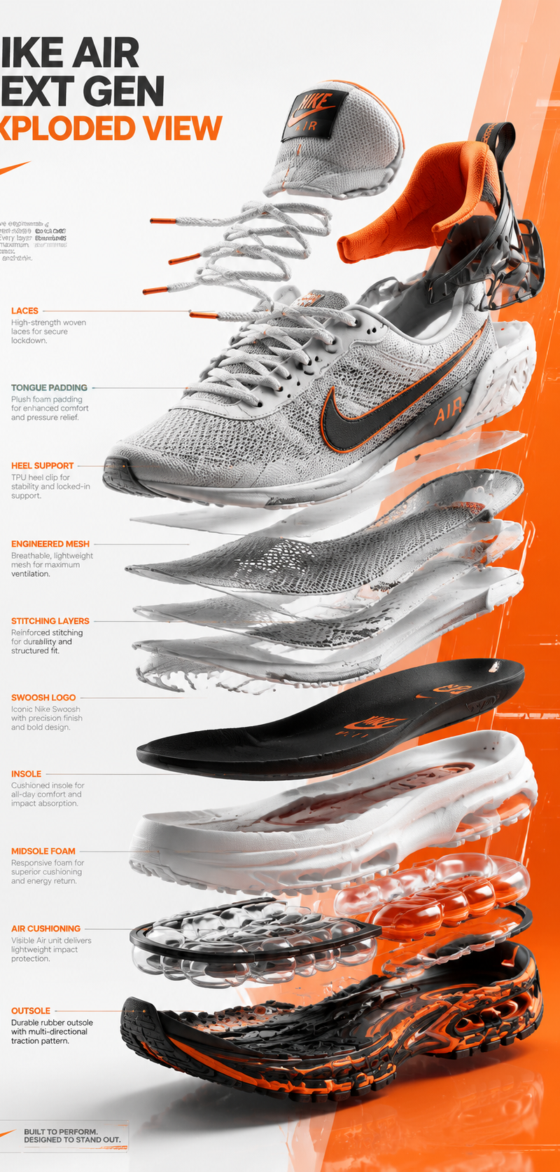 A premium exploded-view infographic of a futuristic Nike sneaker, all shoe compo