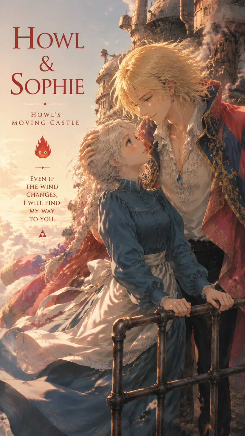 Romantic fantasy illustration of Howl and Sophie from Howl's Moving Castle, vert