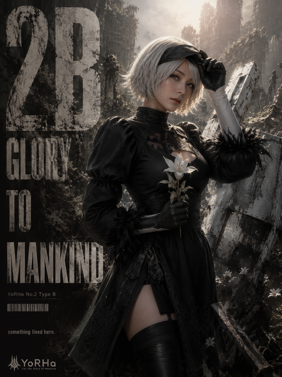 A vertical 2:3 luxury cosplay poster of 2B (YoRHa No