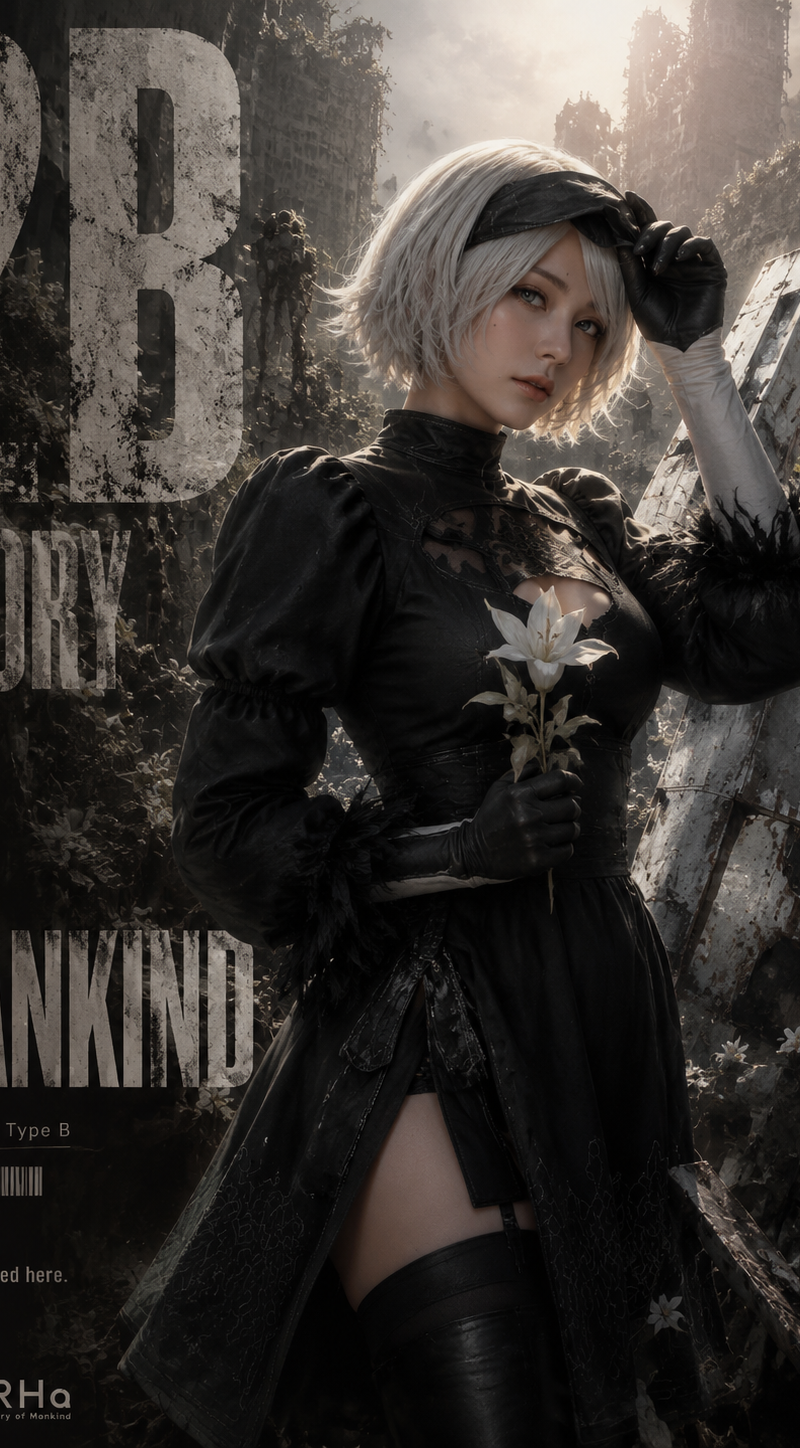 A vertical 2:3 luxury cosplay poster of 2B (YoRHa No