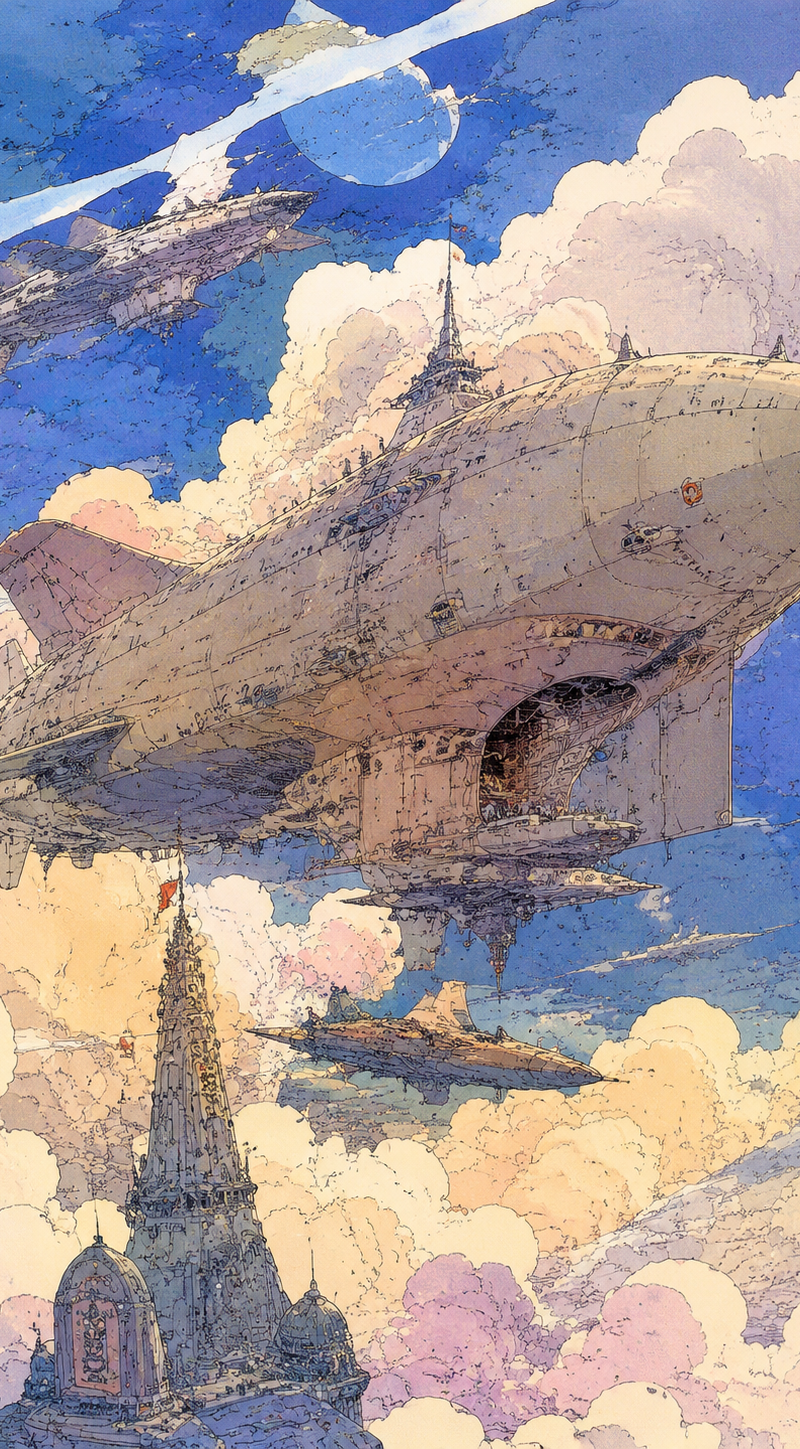 Moebius (Jean Giraud)风格,极繁主义,极致表现力,浪漫感,细节完美,大师杰作。 Futuristic Airship Flying Thro