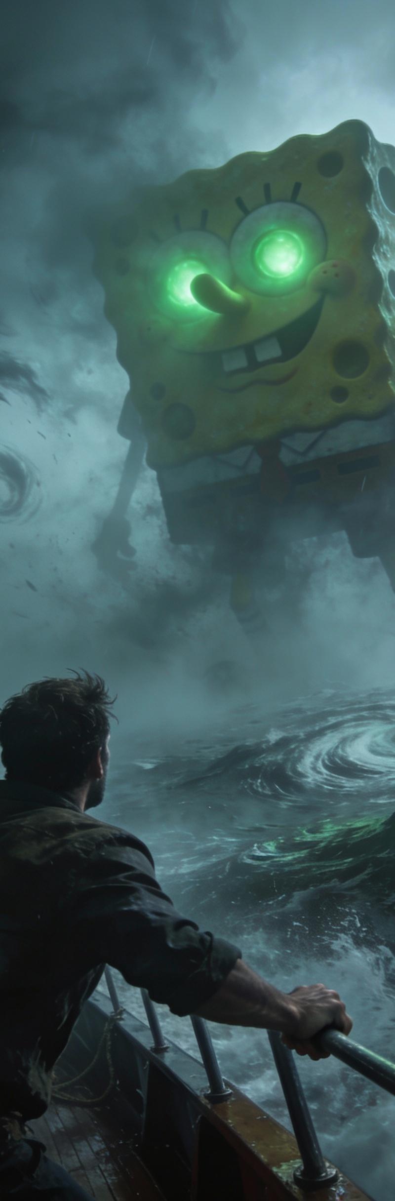 On a turbulent sea, amidst swirling storms and swirling fog, a diagonal composit