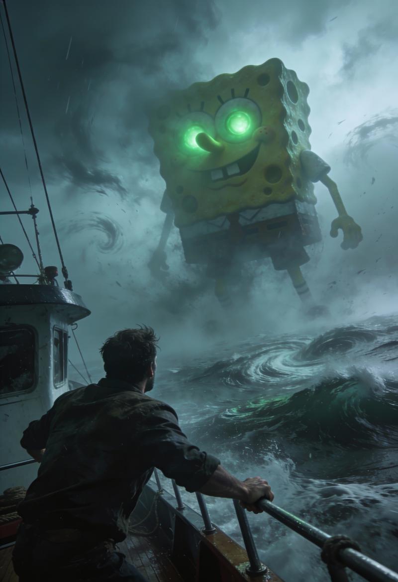 On a turbulent sea, amidst swirling storms and swirling fog, a diagonal composit