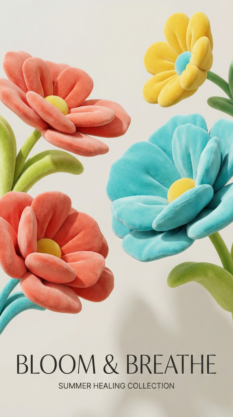 Plush-textured flowers and plants with inflated soft shapes, strong color contra
