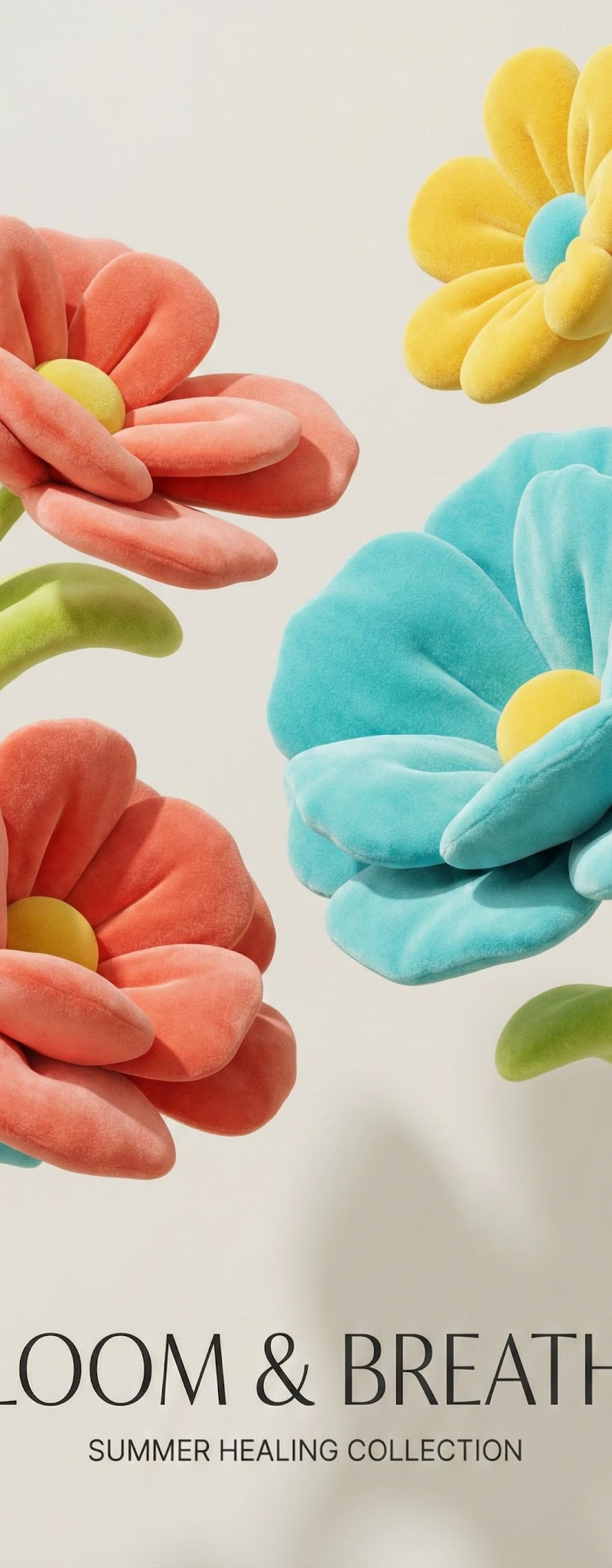 Plush-textured flowers and plants with inflated soft shapes, strong color contra