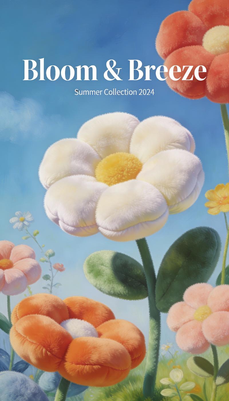 Plush-textured flowers and plants with inflated soft shapes, strong color contra