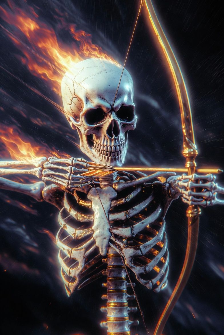 The powerful Skeleton King, featuring archery, flames, 8K ultra-high definition,