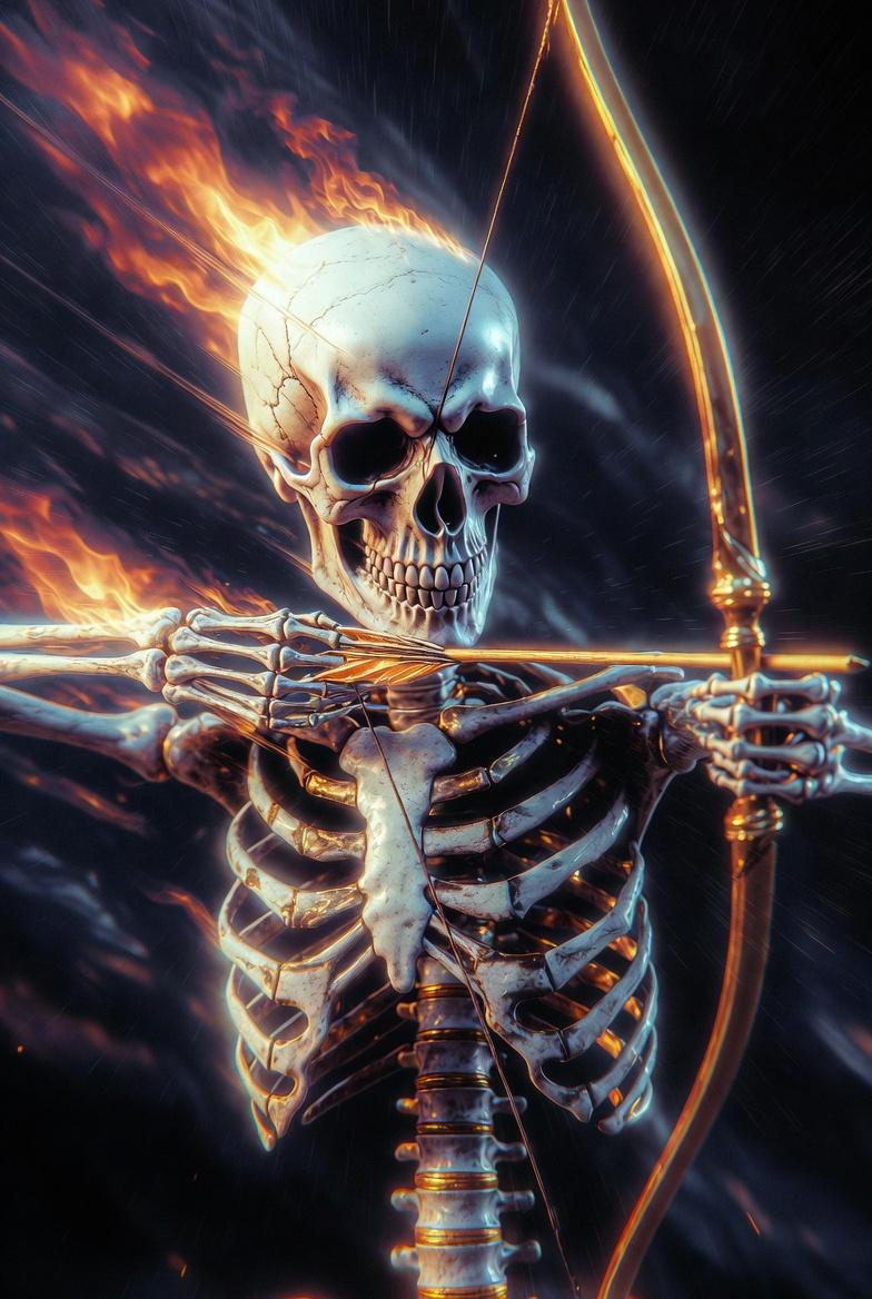 The powerful Skeleton King, featuring archery, flames, 8K ultra-high definition,