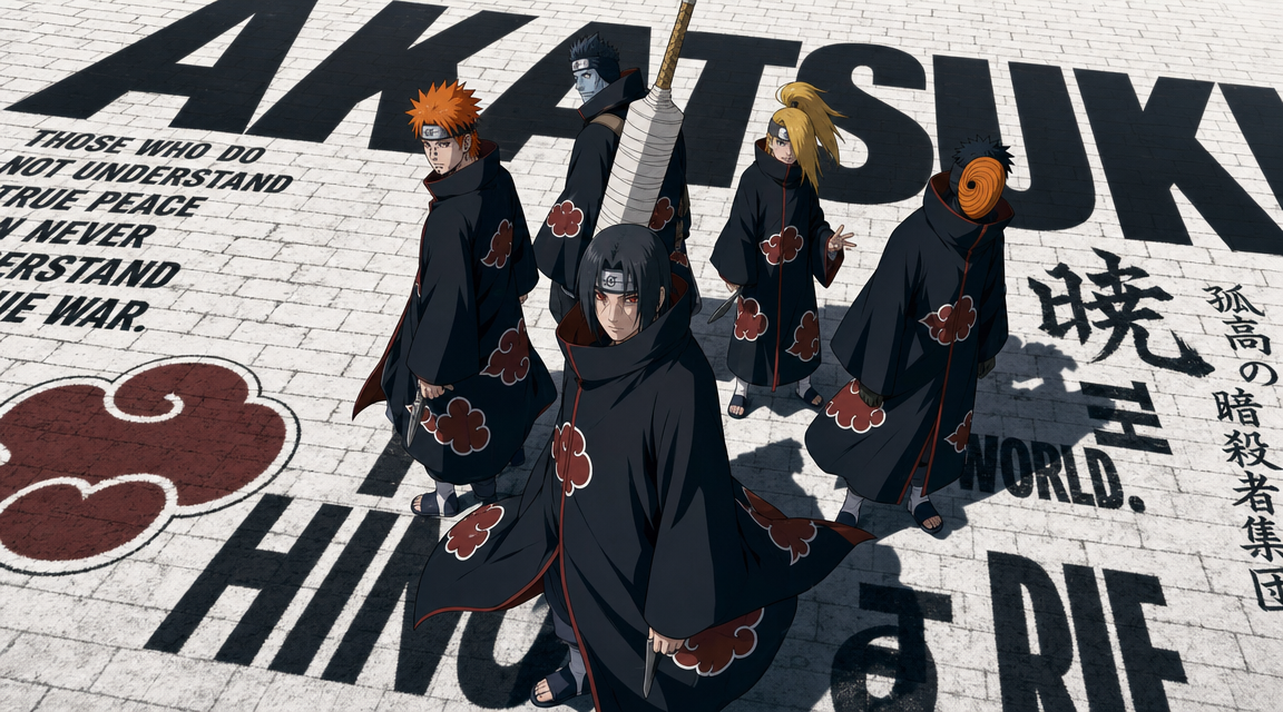 Five handsome Akatsuki members from Naruto standing at the center of a vast blac