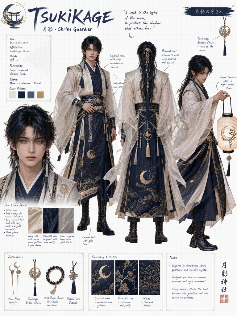 Create a wide horizontal character reference sheet featuring an original moonlit