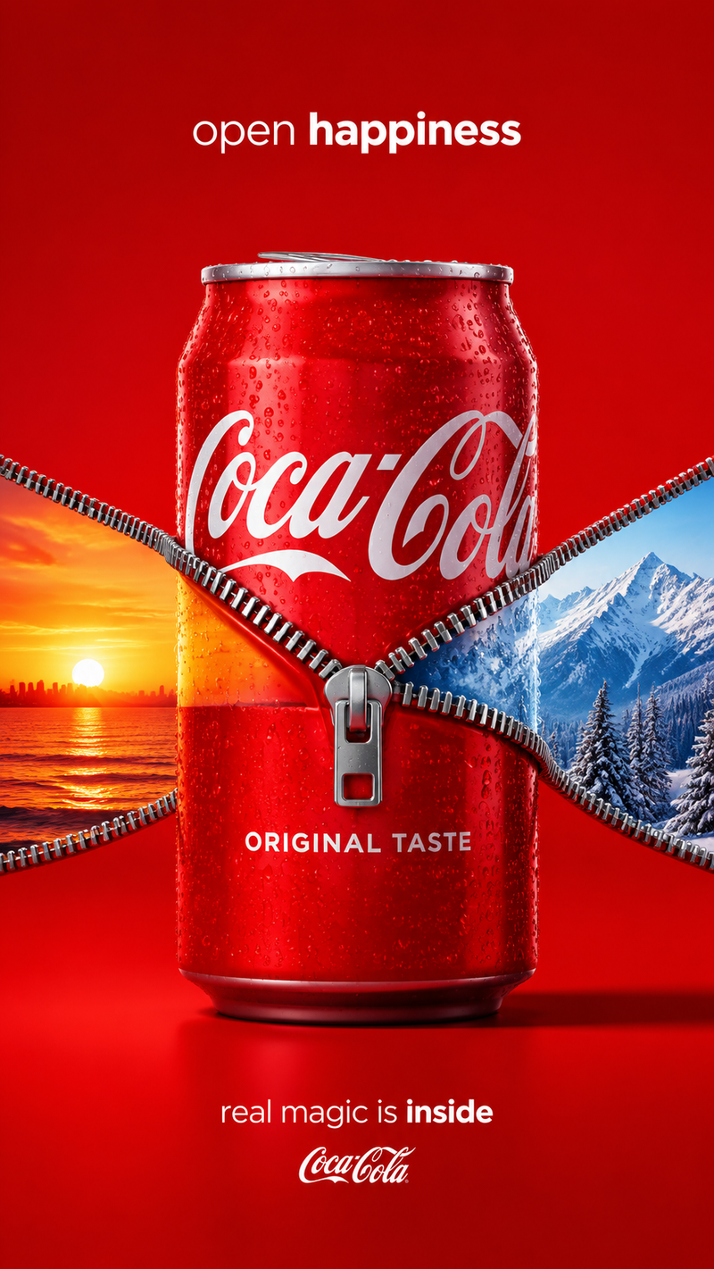 为 argument name="brand name" default="Coca-Cola" 创作一则 4:5 竖版的高端概念饮料广告。画面中央是一个正对镜