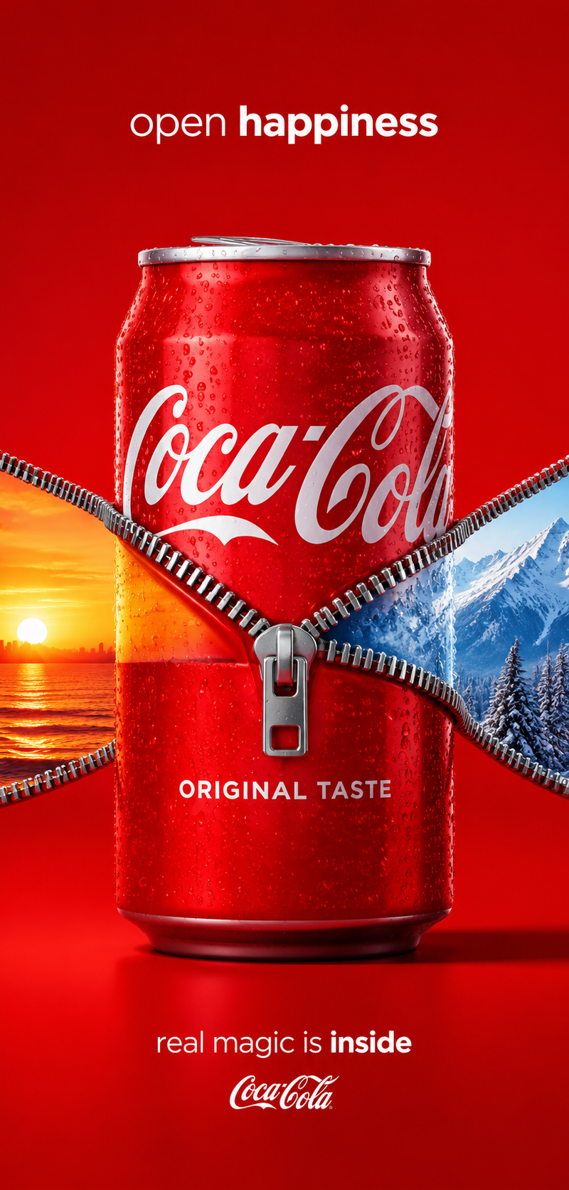 为 argument name="brand name" default="Coca-Cola" 创作一则 4:5 竖版的高端概念饮料广告。画面中央是一个正对镜