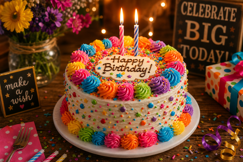 A colorful birthday cake, two candles, and a wooden table