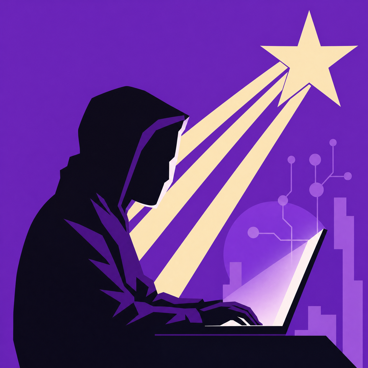 Minimalist poster of a faceless developer, iconic side profile silhouette with a