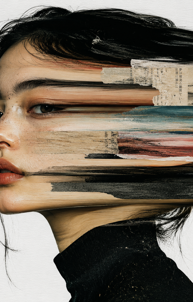 A surreal mixed-media portrait of [PERSON], set against a clean, plain white bac