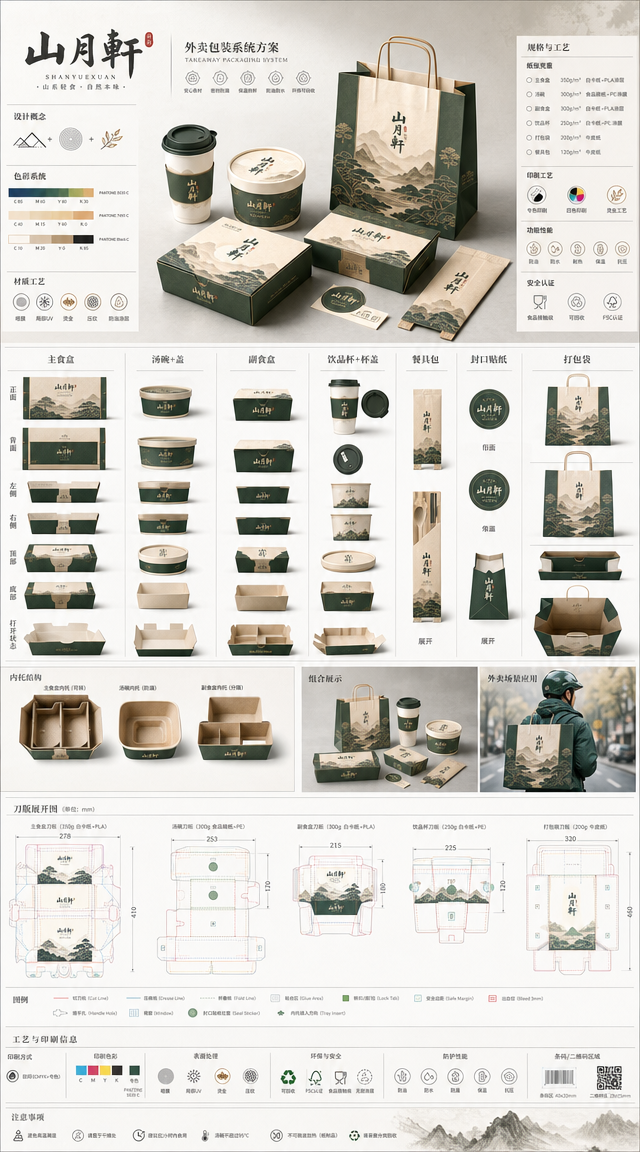 为【品牌名】设计一套可量产的高端外卖包装设计提案板。品牌为【品牌种类】,主打【食品种类】,定位【品牌定位】,目标用户为【目标用户】。包装系统包括主餐盒、汤盒、小