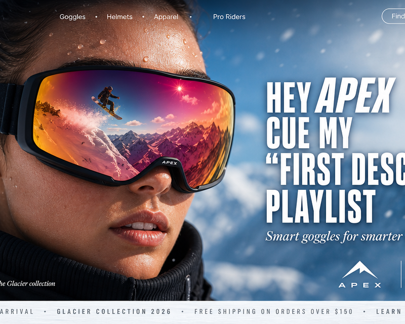 Horizontal desktop landing page hero section for a fictional snowboard eyewear a