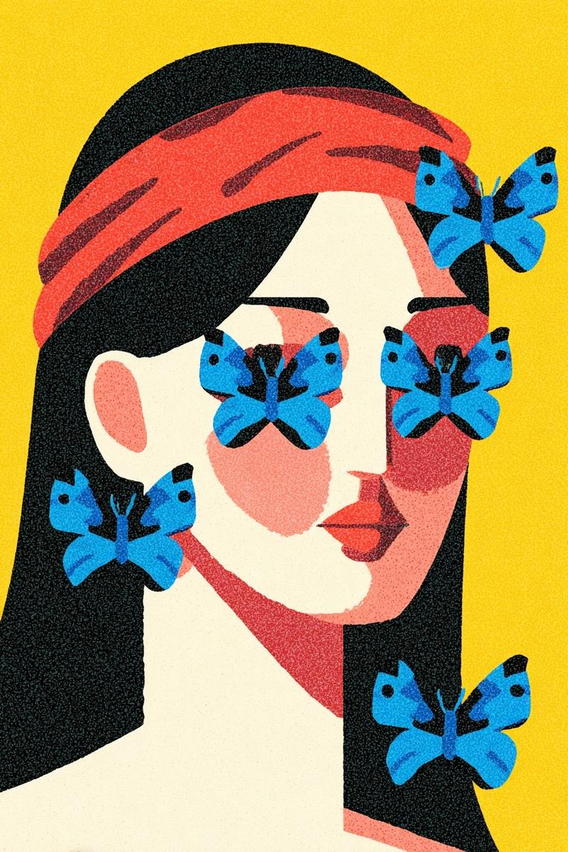 a beautiful woman with black hair and a red headband, blue butterflies on her fa