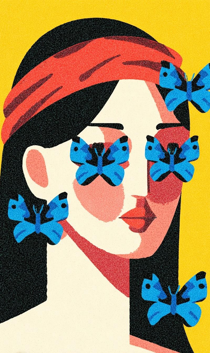 a beautiful woman with black hair and a red headband, blue butterflies on her fa