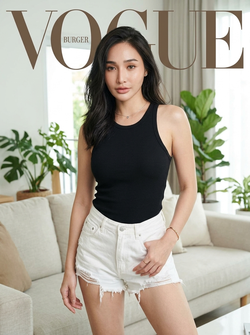 model, intimate, black tank top, white denim shorts, standing pose, living room,