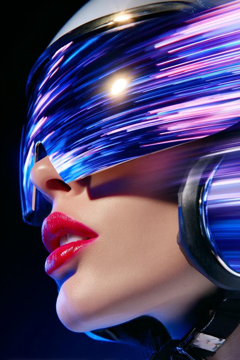 A close-up profile of a retro-futuristic female pilot wearing a chrome helmet wi
