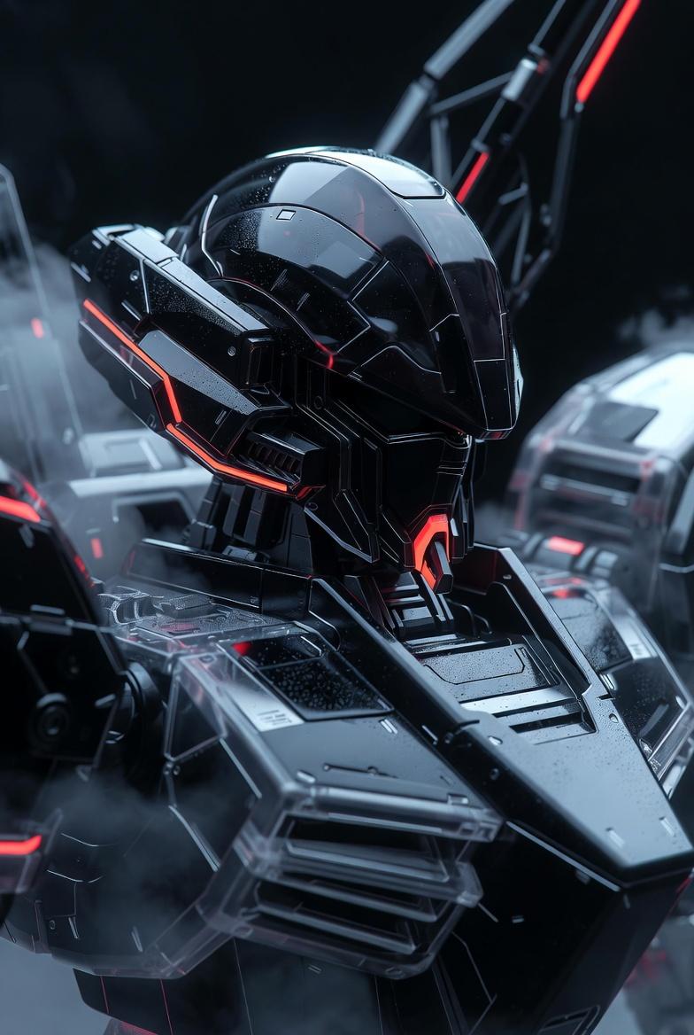 Photorealistic 3D render of [Gundam], polished obsidian, smoked glass, transpare