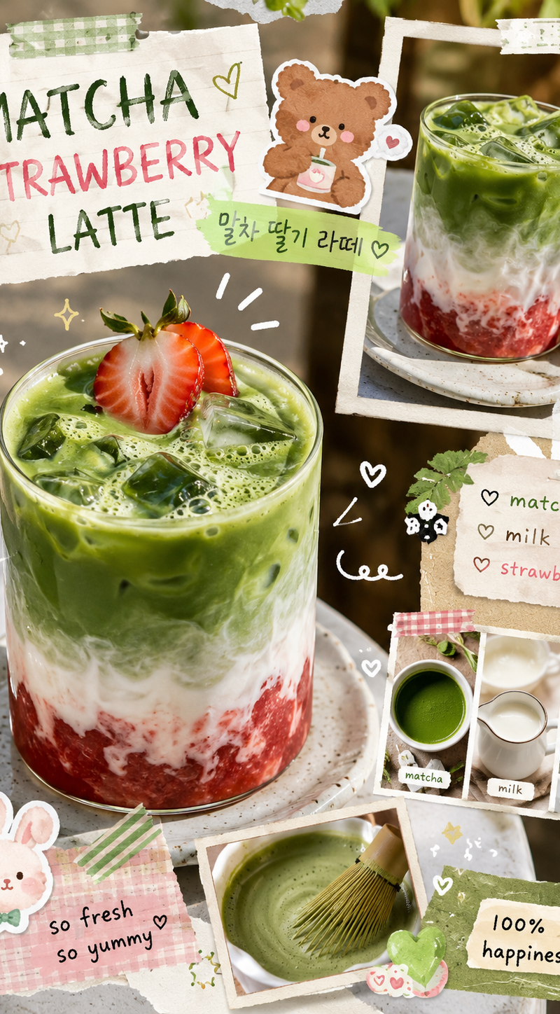 Cute scrapbook-style food photography poster, aesthetic matcha latte drink flatl
