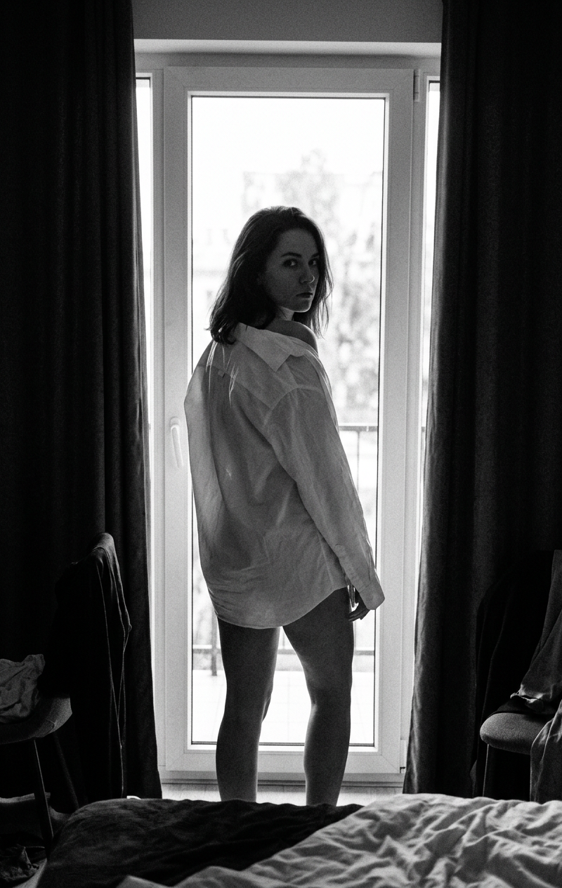 the woman in a black and white silhouette as she stands before a bright, windowe