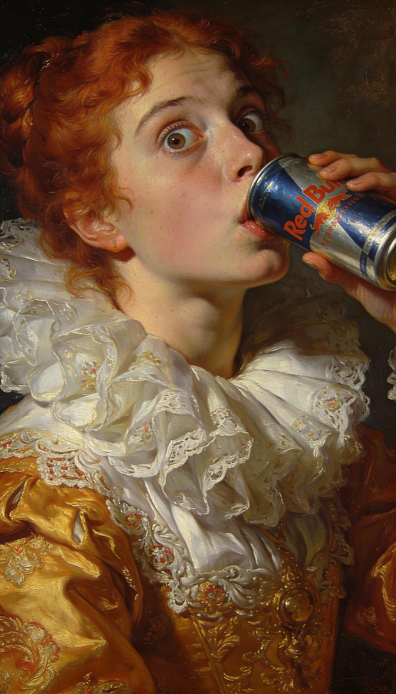 A young red hair woman with surprise eyes wearing an elaborate white ruff collar
