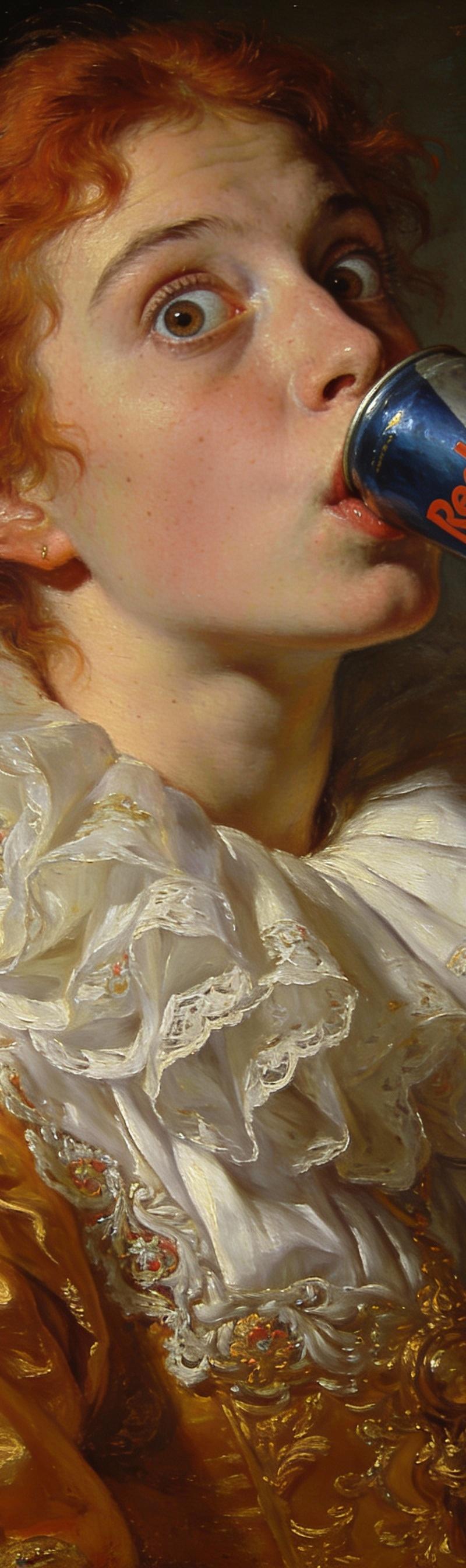 A young red hair woman with surprise eyes wearing an elaborate white ruff collar