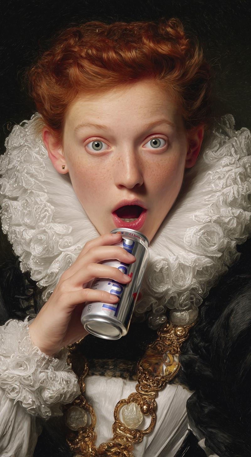 A young red hair woman with surprise eyes wearing an elaborate white ruff collar