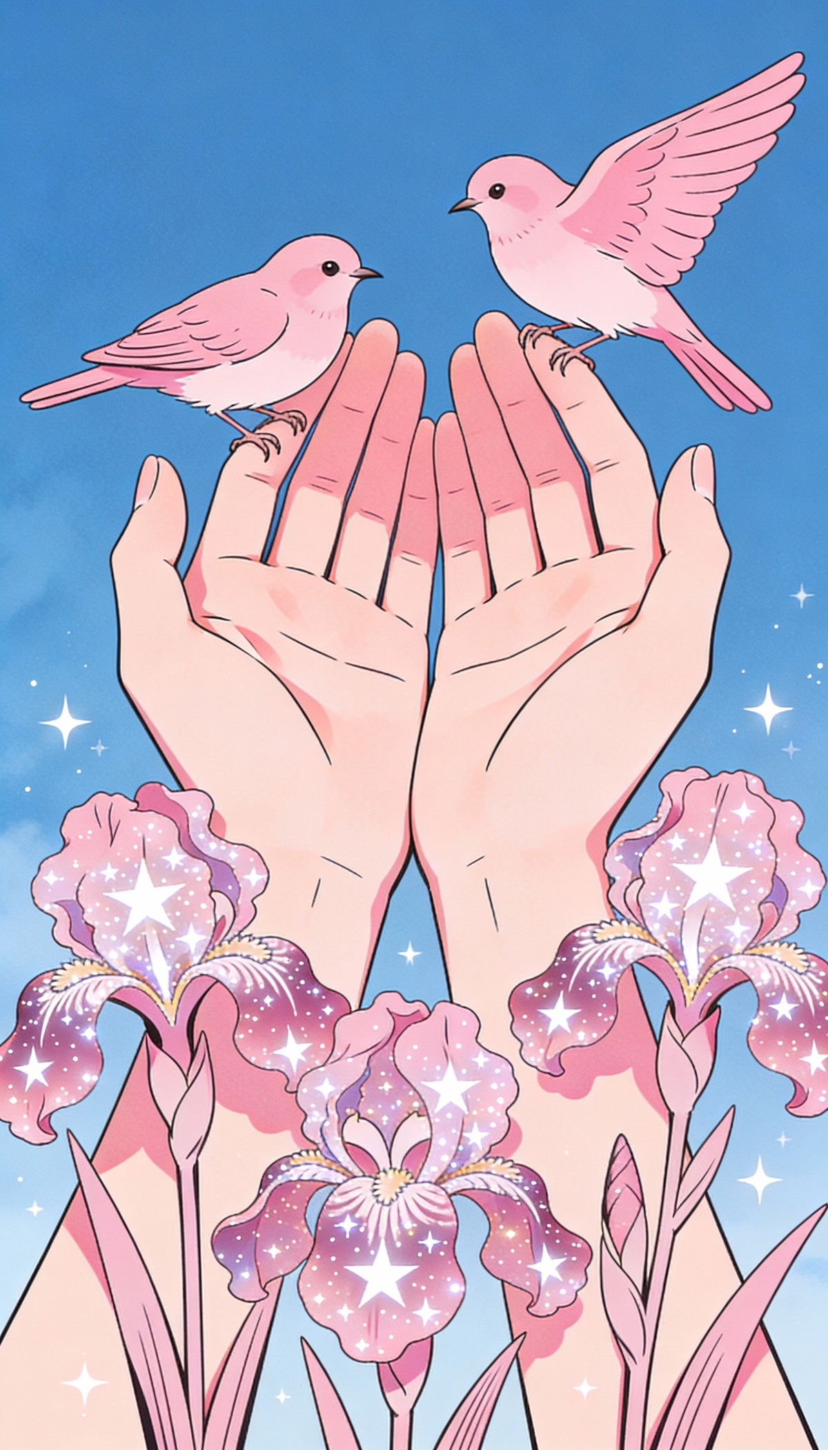 clean illustration of anime-style pink palms holding birds, celestial star detai
