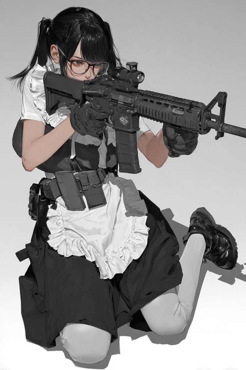 An anime-style maid childen girl kneeling on one knee while aiming an assault ri