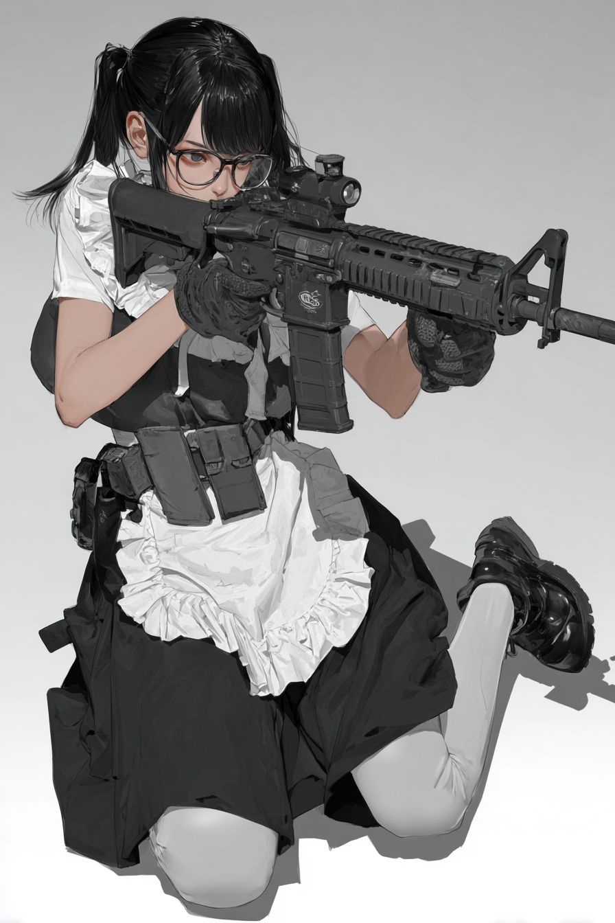 An anime-style maid childen girl kneeling on one knee while aiming an assault ri