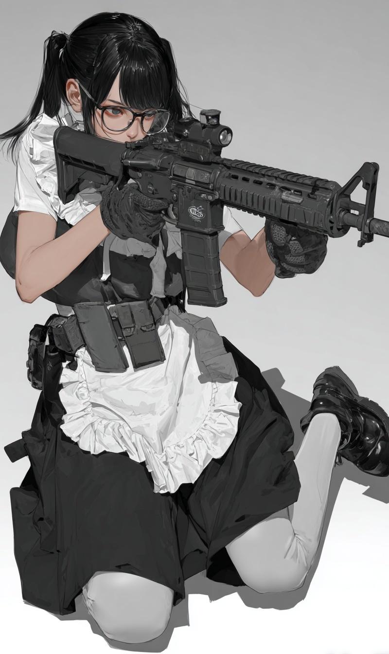An anime-style maid childen girl kneeling on one knee while aiming an assault ri