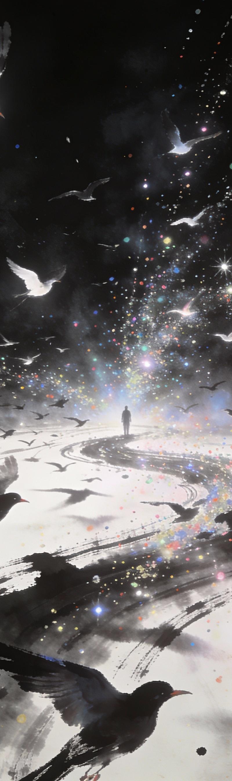 Ink wash painting style, surrealist aesthetics, flocks of birds flying, dynamic