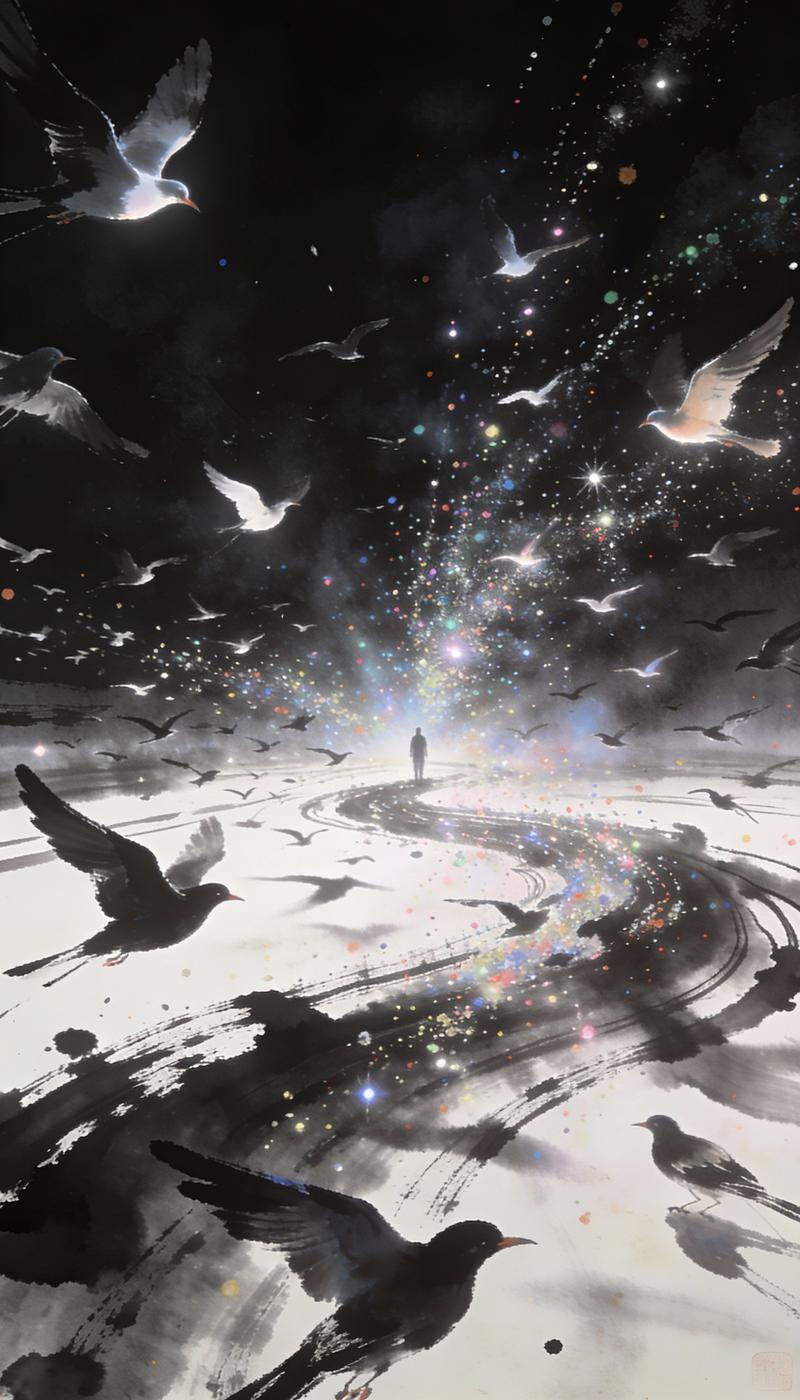 Ink wash painting style, surrealist aesthetics, flocks of birds flying, dynamic