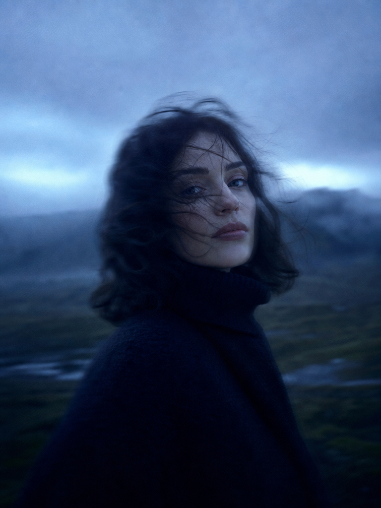 A cinematic portrait of a woman with shoulder-length dark wavy hair blowing in t