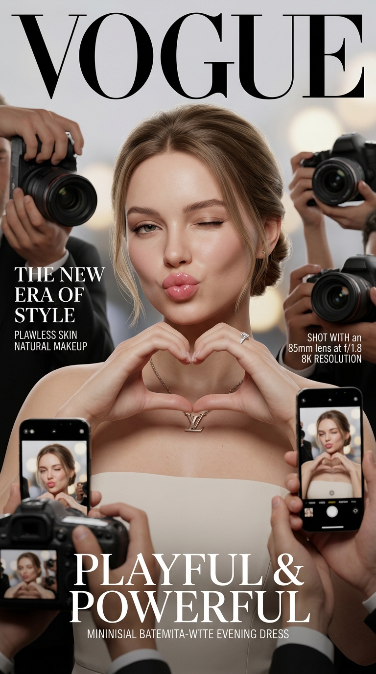 Create a realistic Vogue magazine cover–style fashion portrait using the uploade
