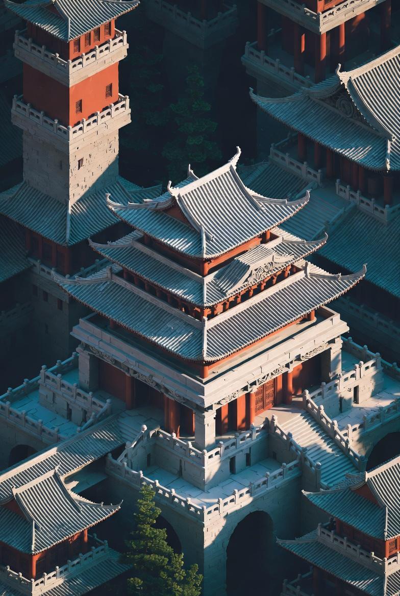 以Moebius(让·吉罗)风格呈现的极繁主义杰作,从仰视角度展现一座充满强烈神秘感且细节完美的3D建模古建筑,呈现出国风韵味,仿佛是一幅从空中俯瞰的绝美画卷,