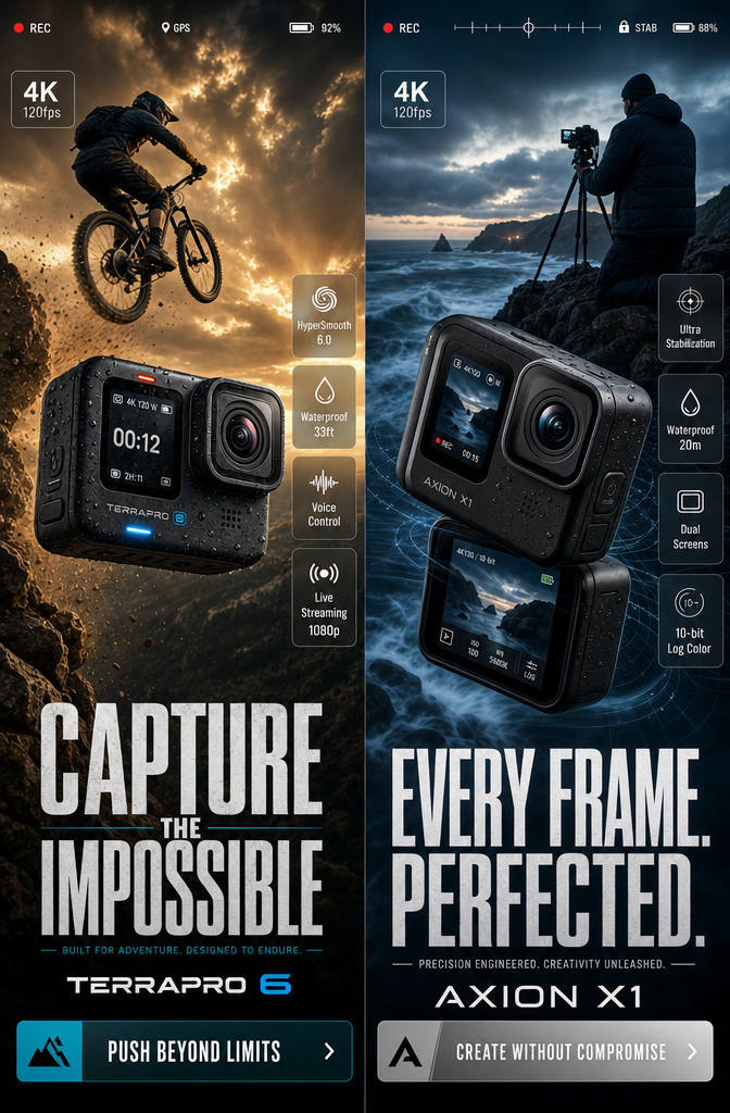 Ultra-high-end commercial product advertisement poster for GoPro HERO action cam