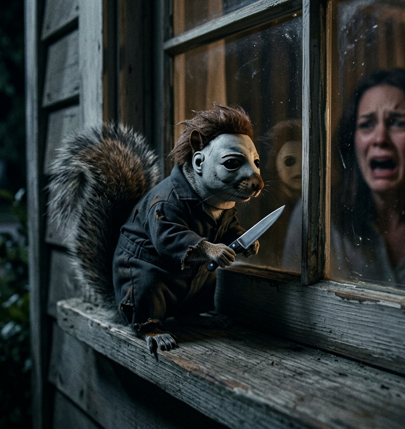 Screenshot from a well known horror movie but it's a squirrel instead of the kil